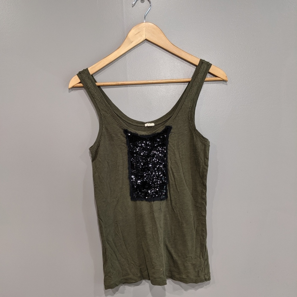 J.Crew army green tank with black sequins